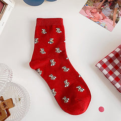 Teddy Bear Red Socks Comfy Mid Tube Women's Stockings