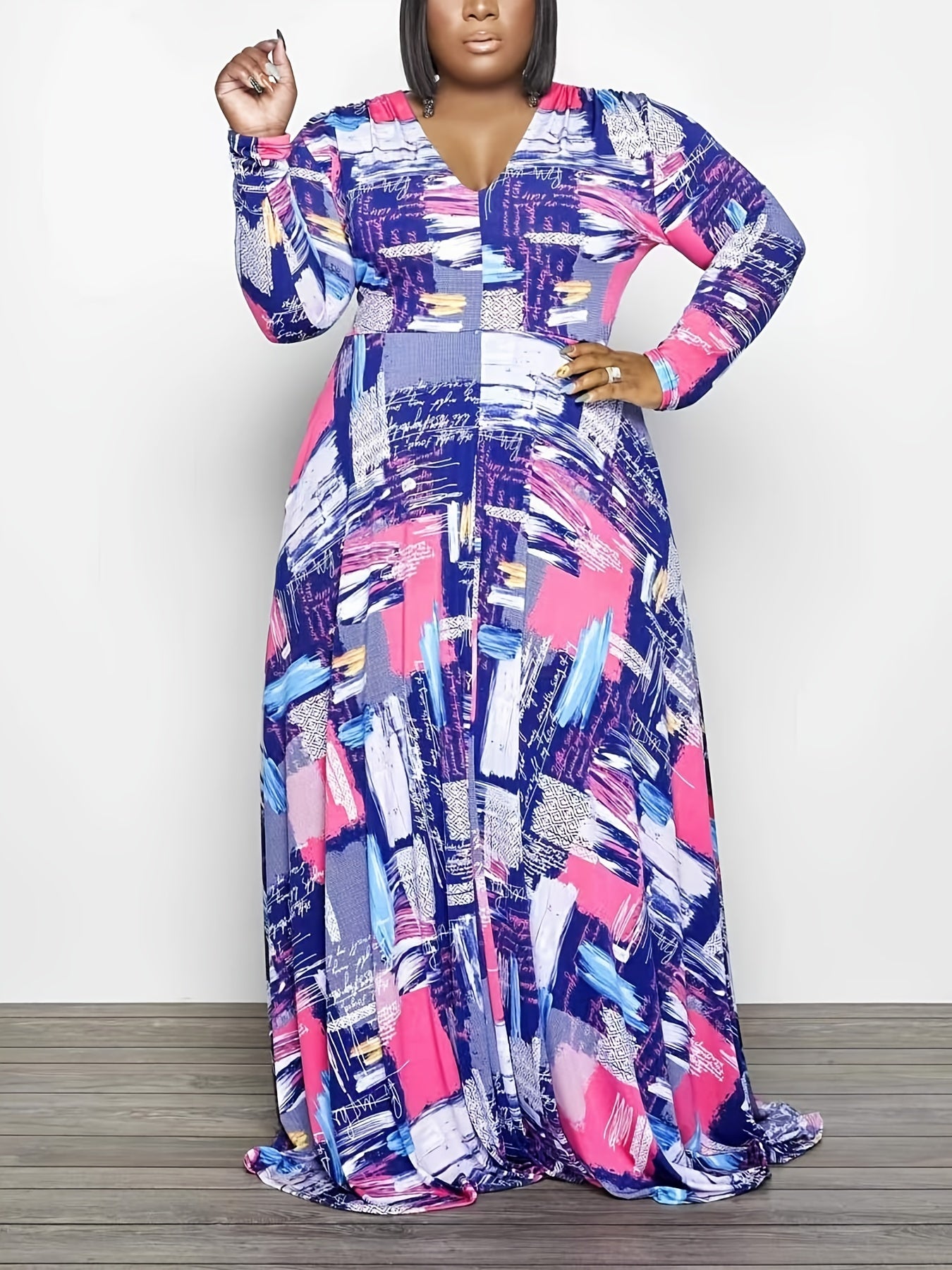  Colorblock V Neck Long Sleeve Maxi Dress Women's Plus