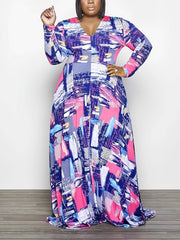  Colorblock V Neck Long Sleeve Maxi Dress Women's Plus