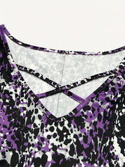 Plus Size Allover Print Criss Cross Long Sleeve V Neck Dress