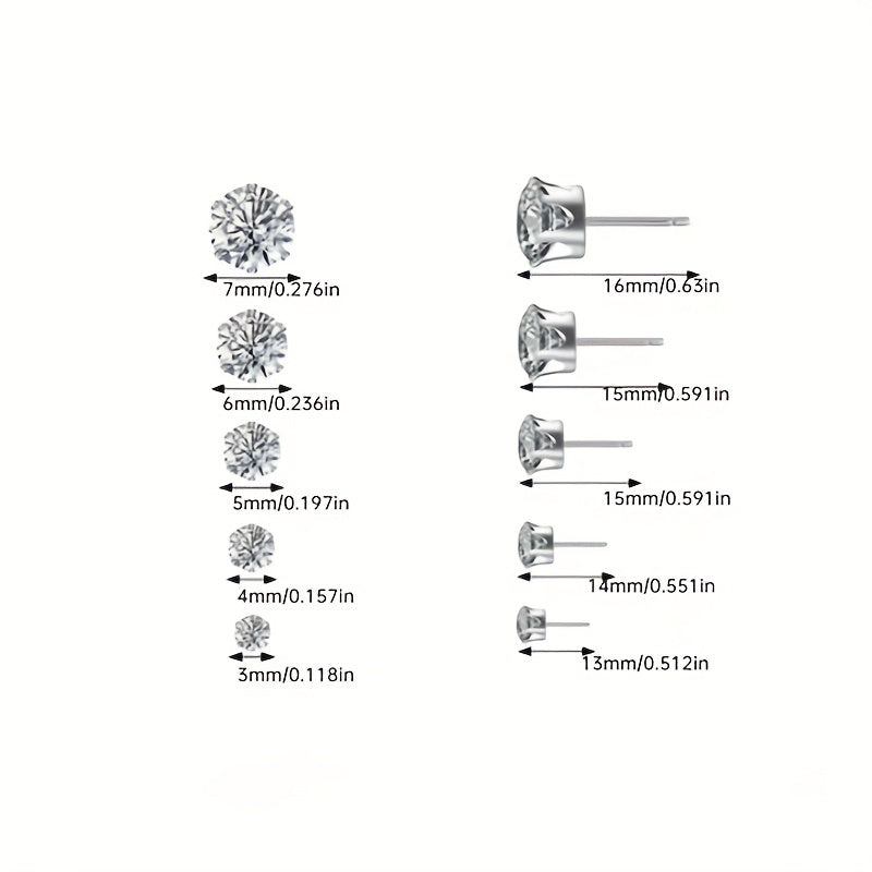 Men's Stainless Steel Claw Stud Earrings with Zircon 3mm 8mm