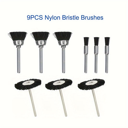 9pcs Soft Nylon Bristle Brushes Cleaning Set 3mm Shank Rotar Accessories
