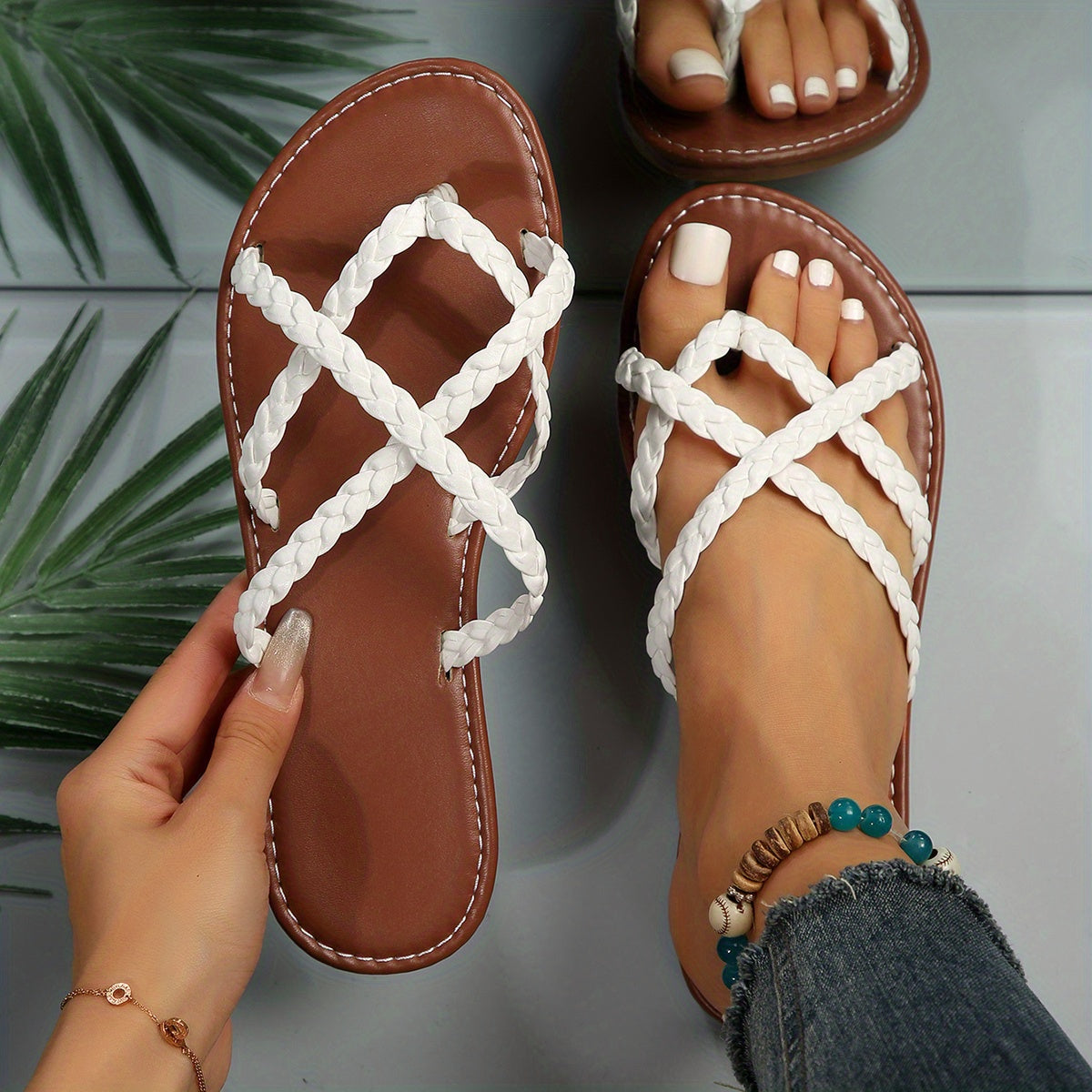 Women's Braided Cross Strap Slide Sandals Casual Flat Summer Shoes