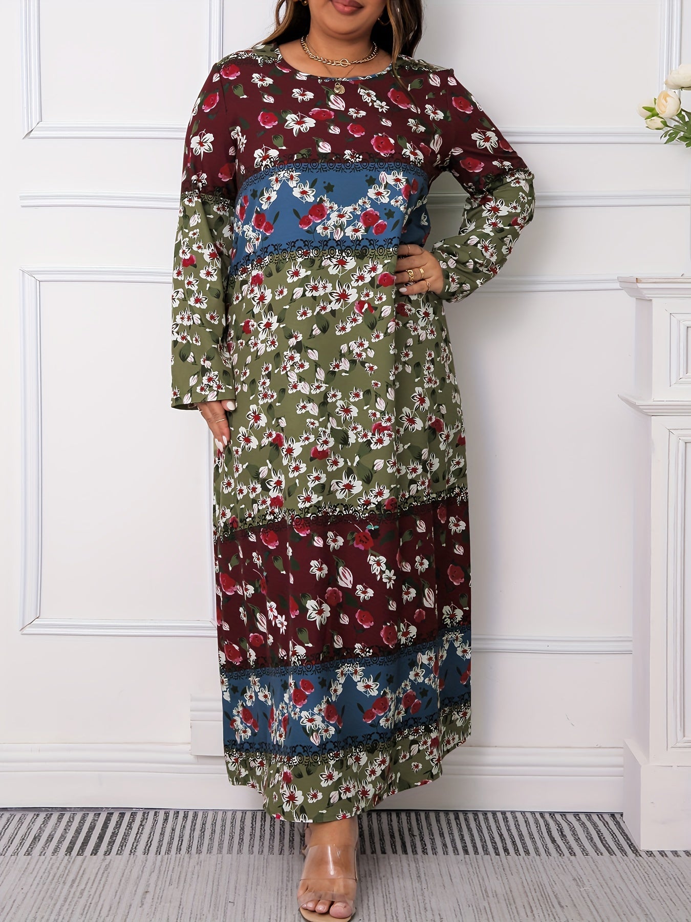  Colorblock Floral Print Long Sleeve Maxi Dress