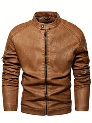 PU Biker Jacket Men's Casual Zip Up Stand Collar Faux Leather Jacket