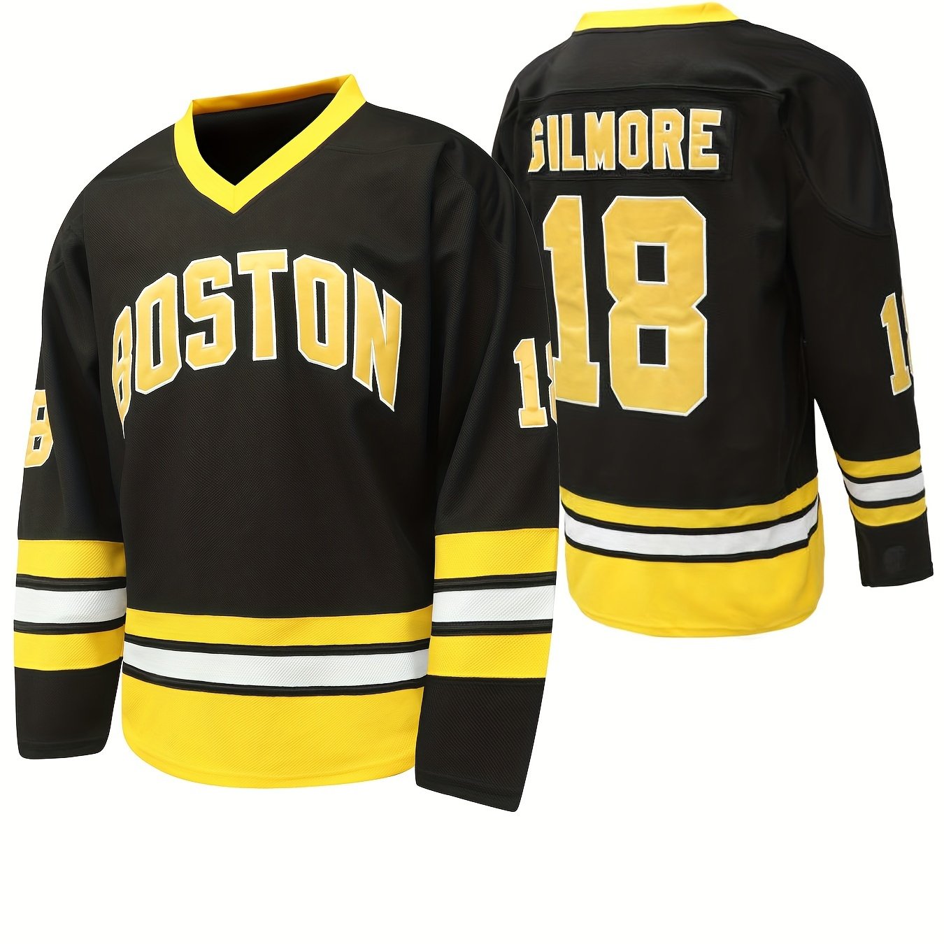 Men's Boston 18 Hockey Jersey Vintage Stripe V Neck Long Sleeve Size S-3XL