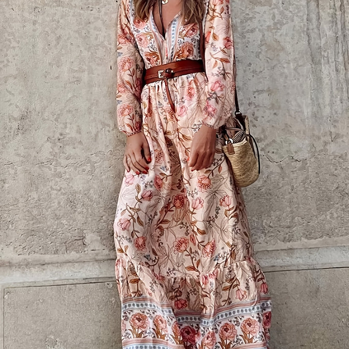  Women's Floral Lantern Sleeve Maxi Dress