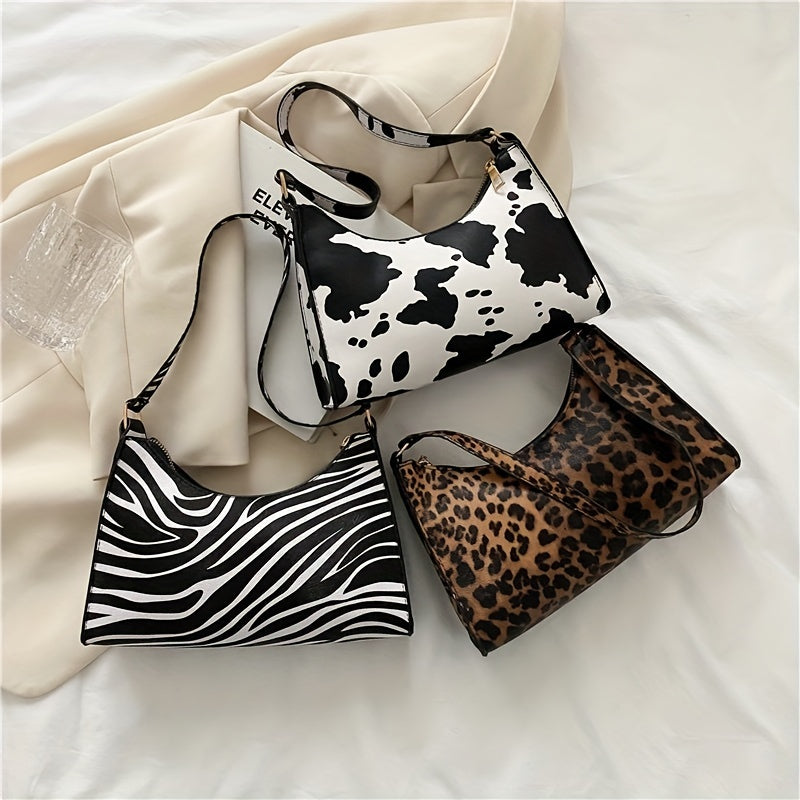 Animal Pattern Shoulder Bag Zipper Baguette Bag Underarm Bag