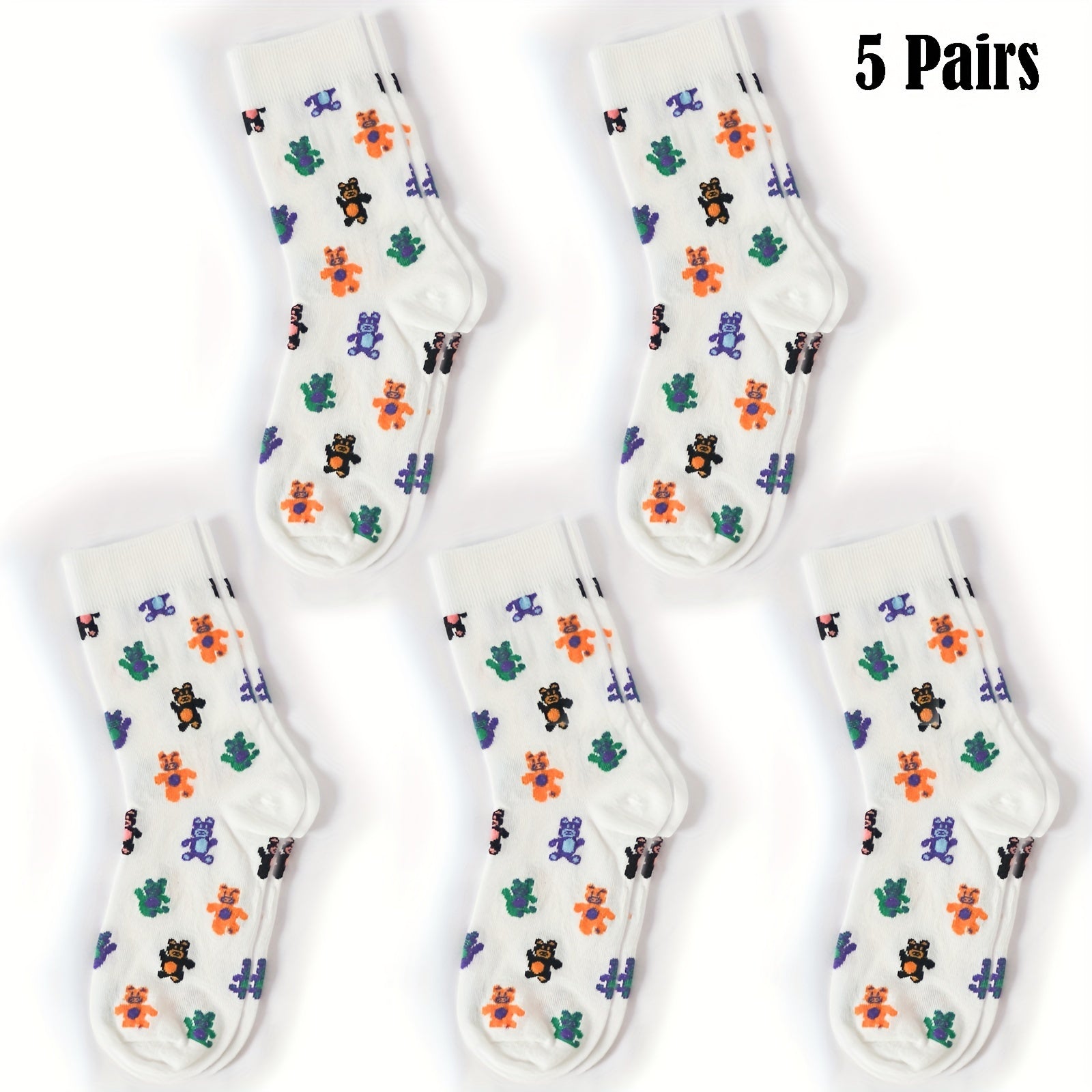 Rainbow & Bear Print Socks Mid Tube Women's Stockings