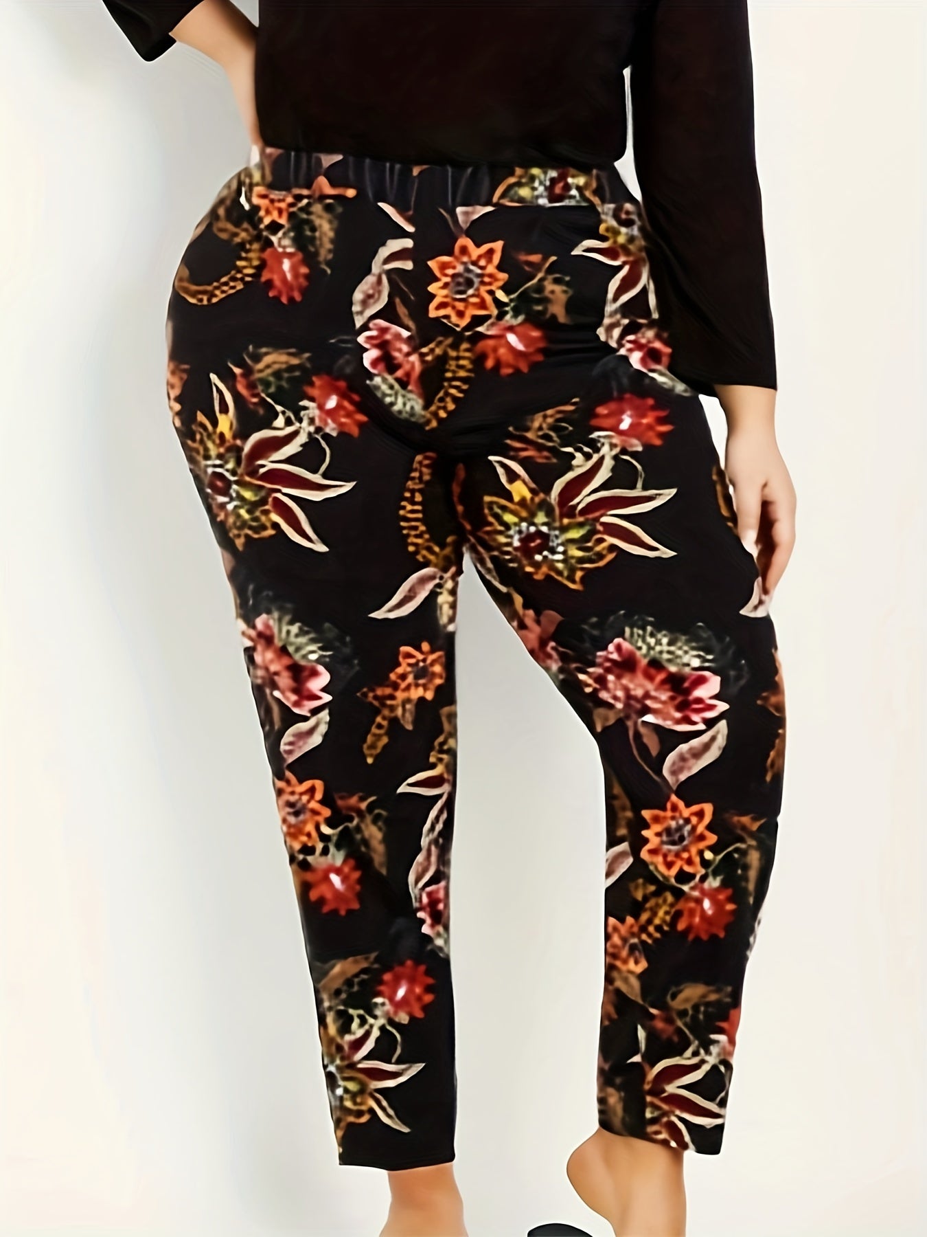  Boho Pants Women's Plus Floral Print Elastic Tapered Pants