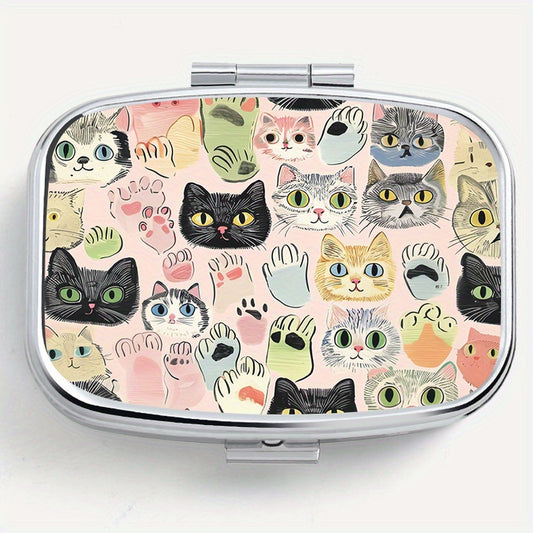 Whimsical Cat Square Pill Box Dual Compartments Compact Portable Travel Outdoor