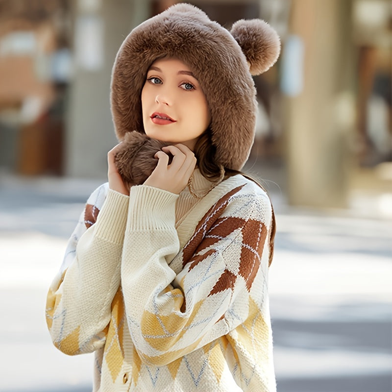 Thick Warm Fleece Winter Beanie Hat with Faux Fur Pom Pom