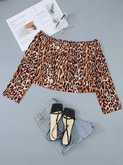 Off Shoulder Leopard Print Long Sleeve Crop Blouse Women's Plus