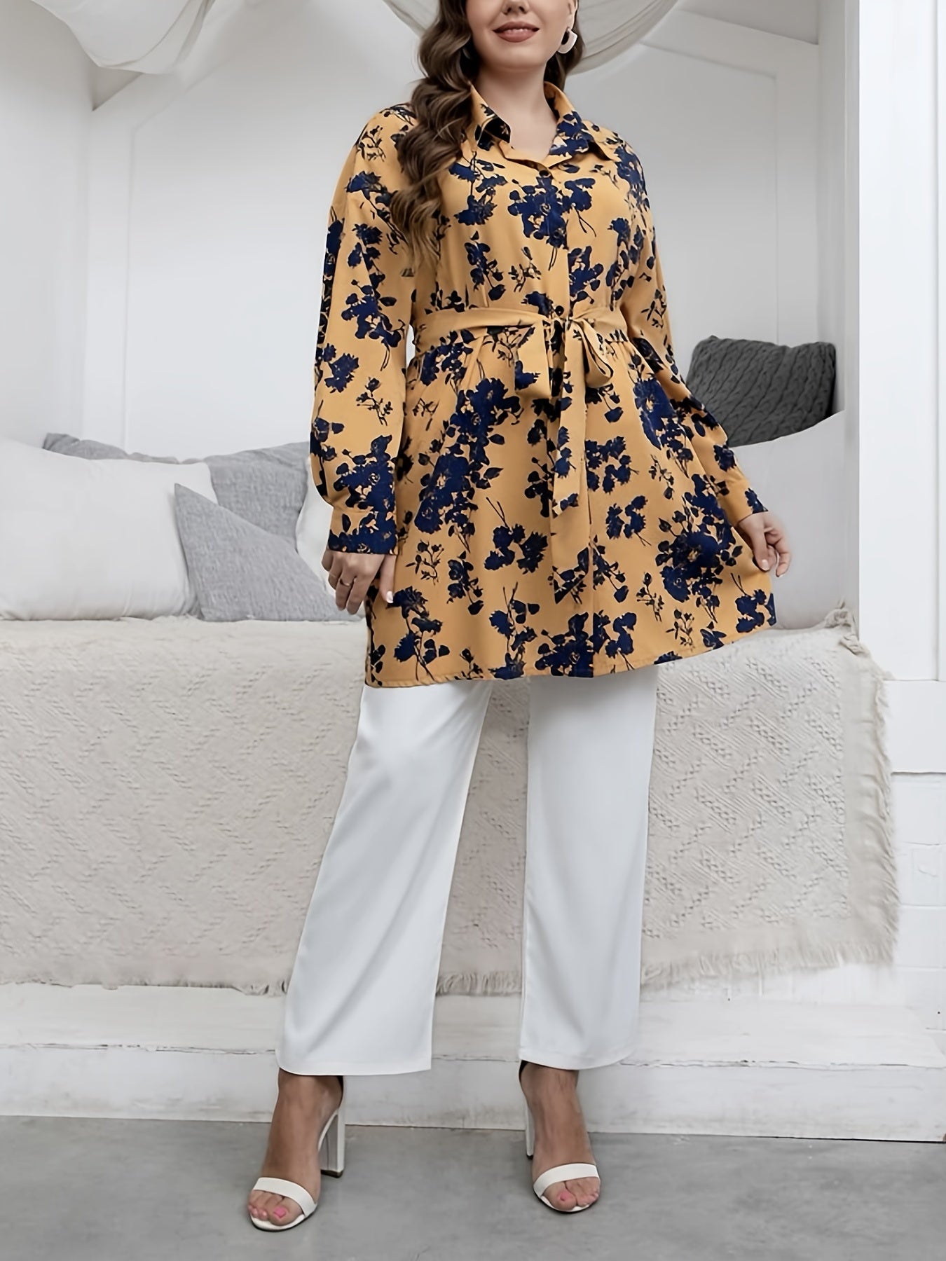  Floral Print Long Sleeve Blouse with Belt