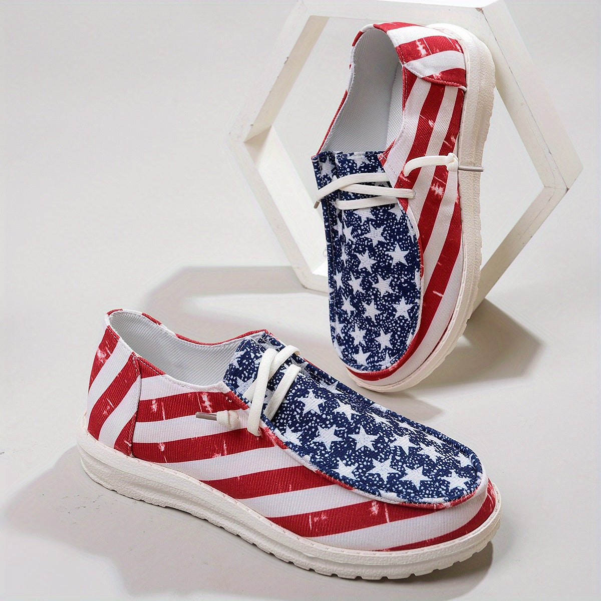 Women's Star & Stripe Pattern Boat Shoes Independence Patriotic Slip On Flats