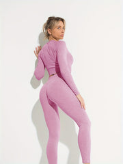 2PCS Women Yoga Set Seamless Workout Gym Long sleeve T shirt & Leggings