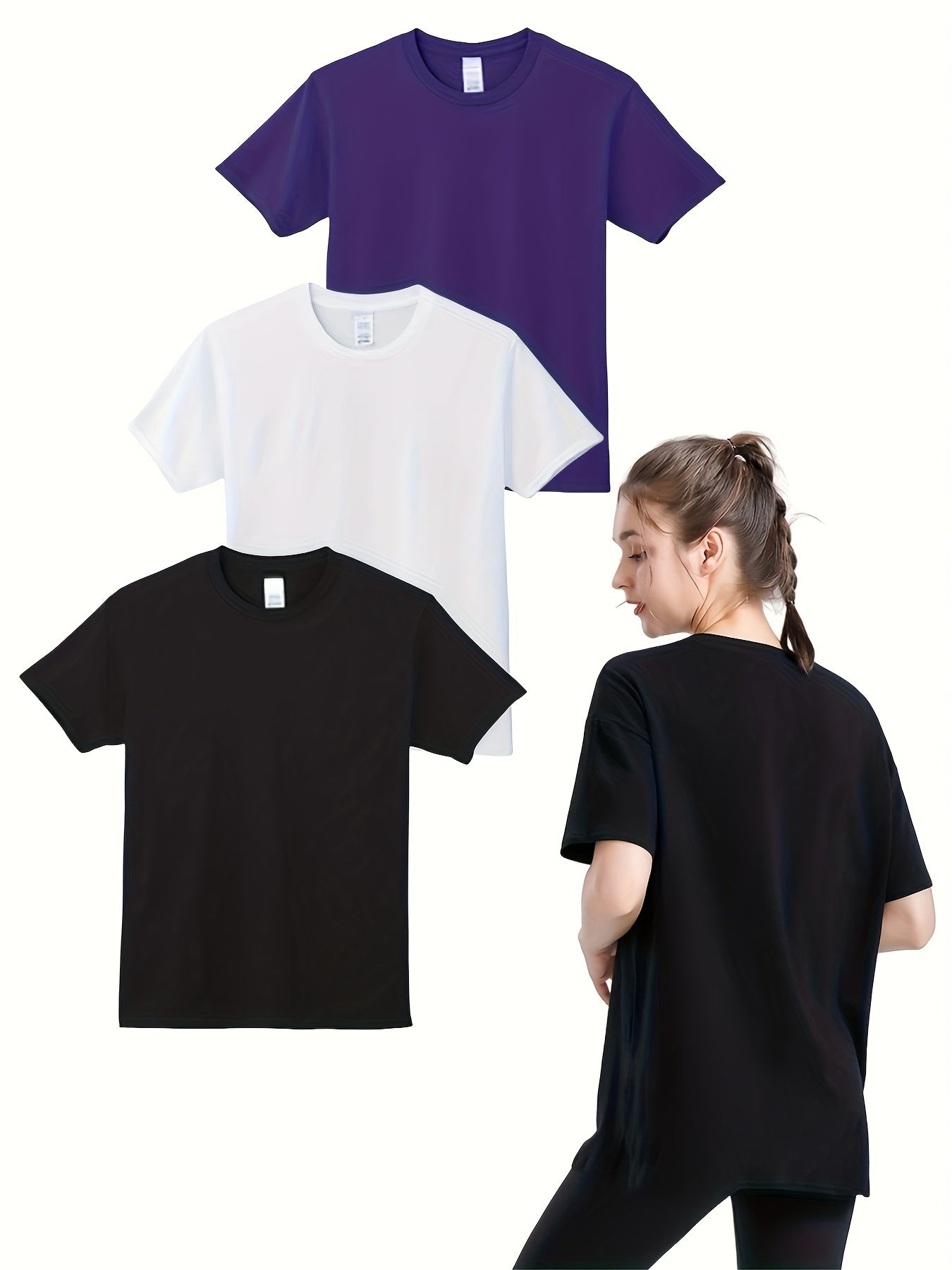 3pcs Women's Solid Round Neck Sports T-shirt