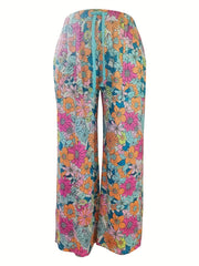  Boho Pants Women's Plus Floral Print Slight Stretch Wide Leg