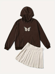 Mother Daughter Butterfly Graphic Hoodie & Skirt Set