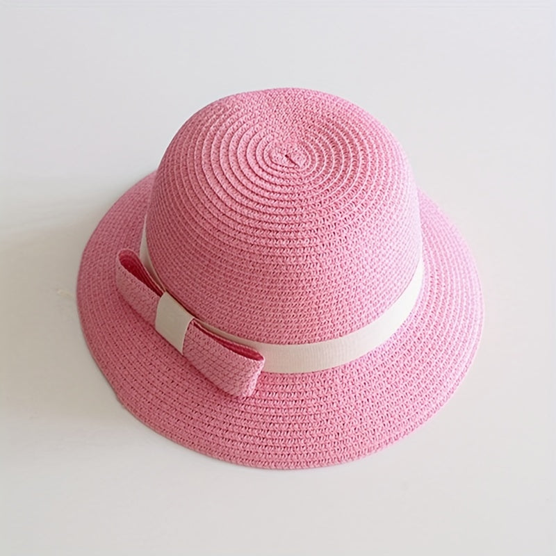 Girls Straw Sun Hat with Bow - Sunshade Bucket Hat