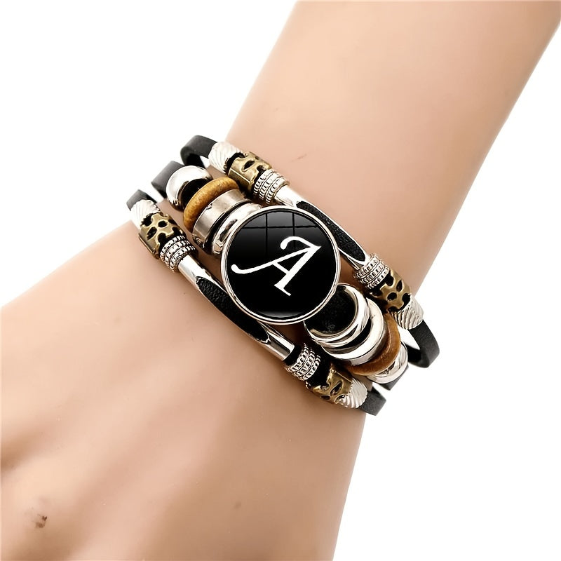 Braided Bangle Leather Bracelet with Name Initials