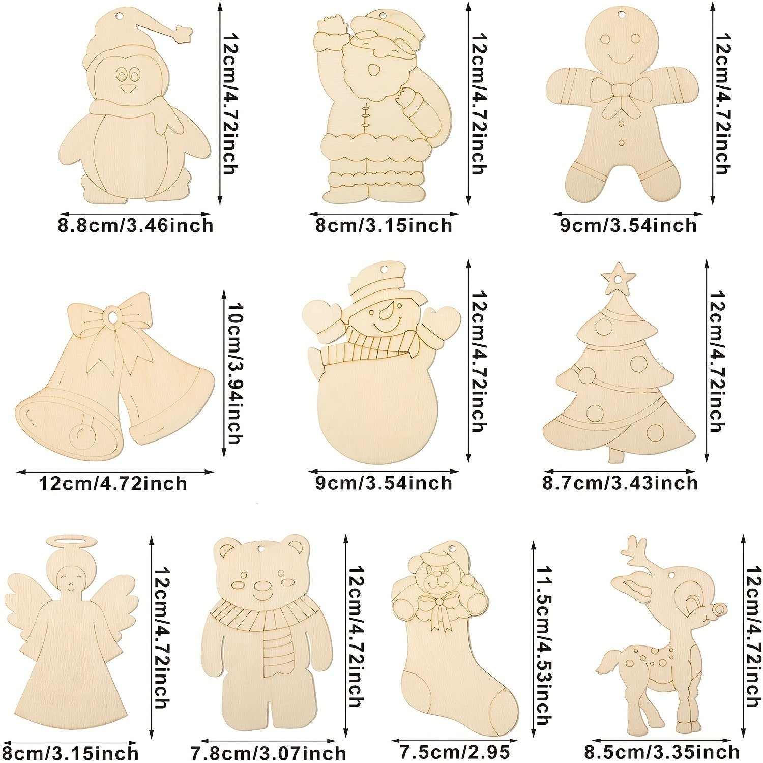 10pcs Unfinished Wooden Christmas Ornaments To Paint Holiday Decor