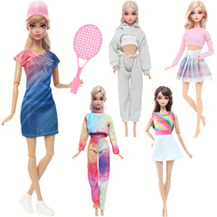 15pcs 5 Inch Doll Casual Sportswear Set-5 Outfits, Accessories, Hat, Racket, B
