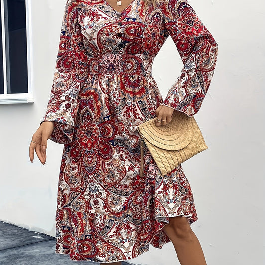  Boho Dress Paisley Floral Print V Neck Maxi Dress