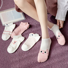 5 Pairs Pink Cat Print Short Socks Soft Lightweight Low Cut Ankle Socks
