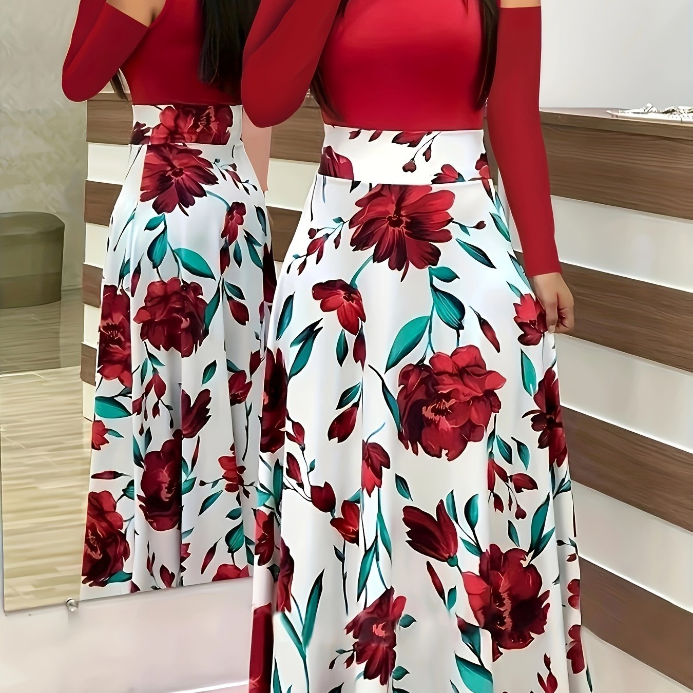  Colorblock Cold Shoulder Maxi Dress