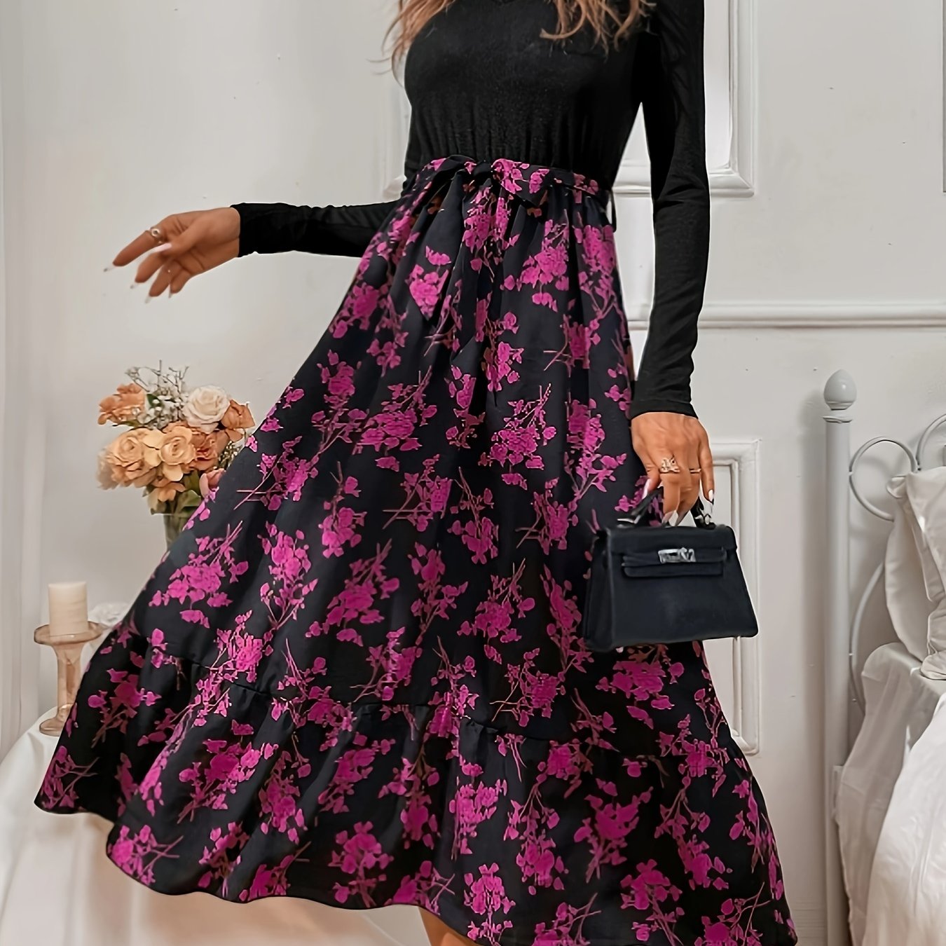  Colorblock Floral Long Sleeve Maxi Dress With Belt