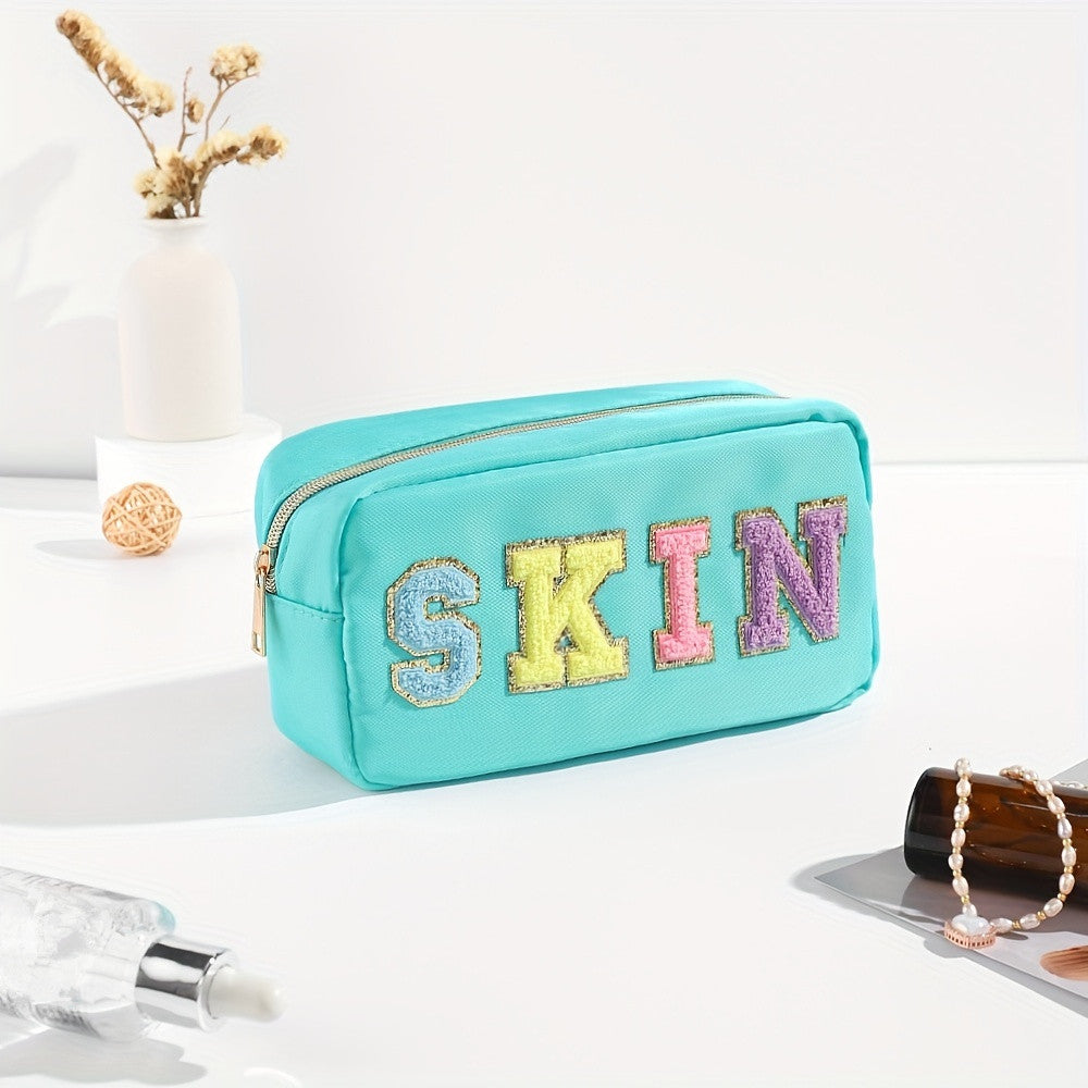 Plush Letter Print Zipper Makeup Pouch Portable Cosmetic Bag