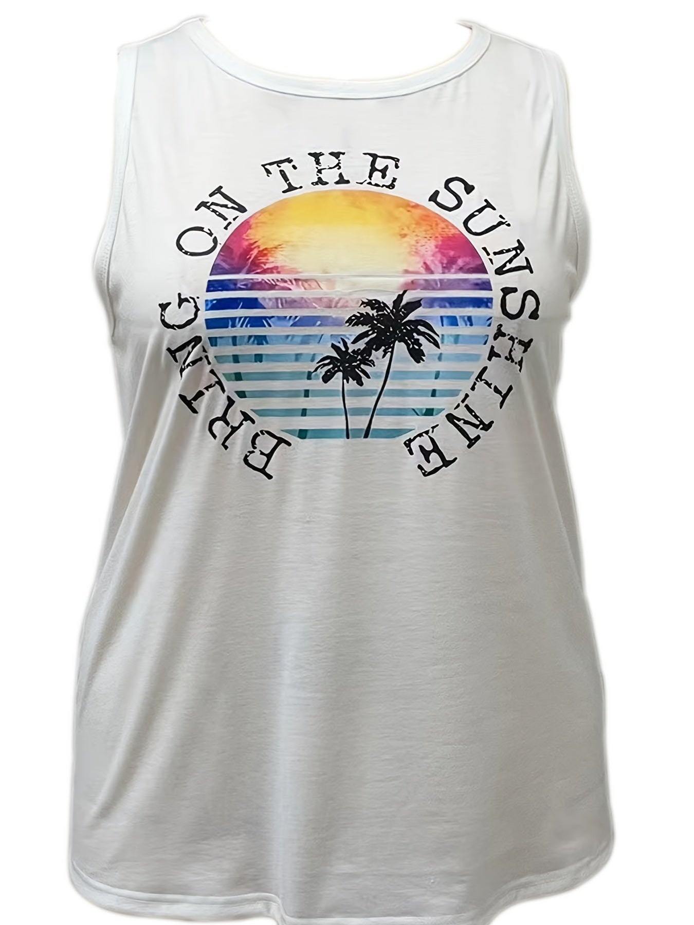  Tropical Slogan Print Tank Top Womens Casual Round Neck Stretch