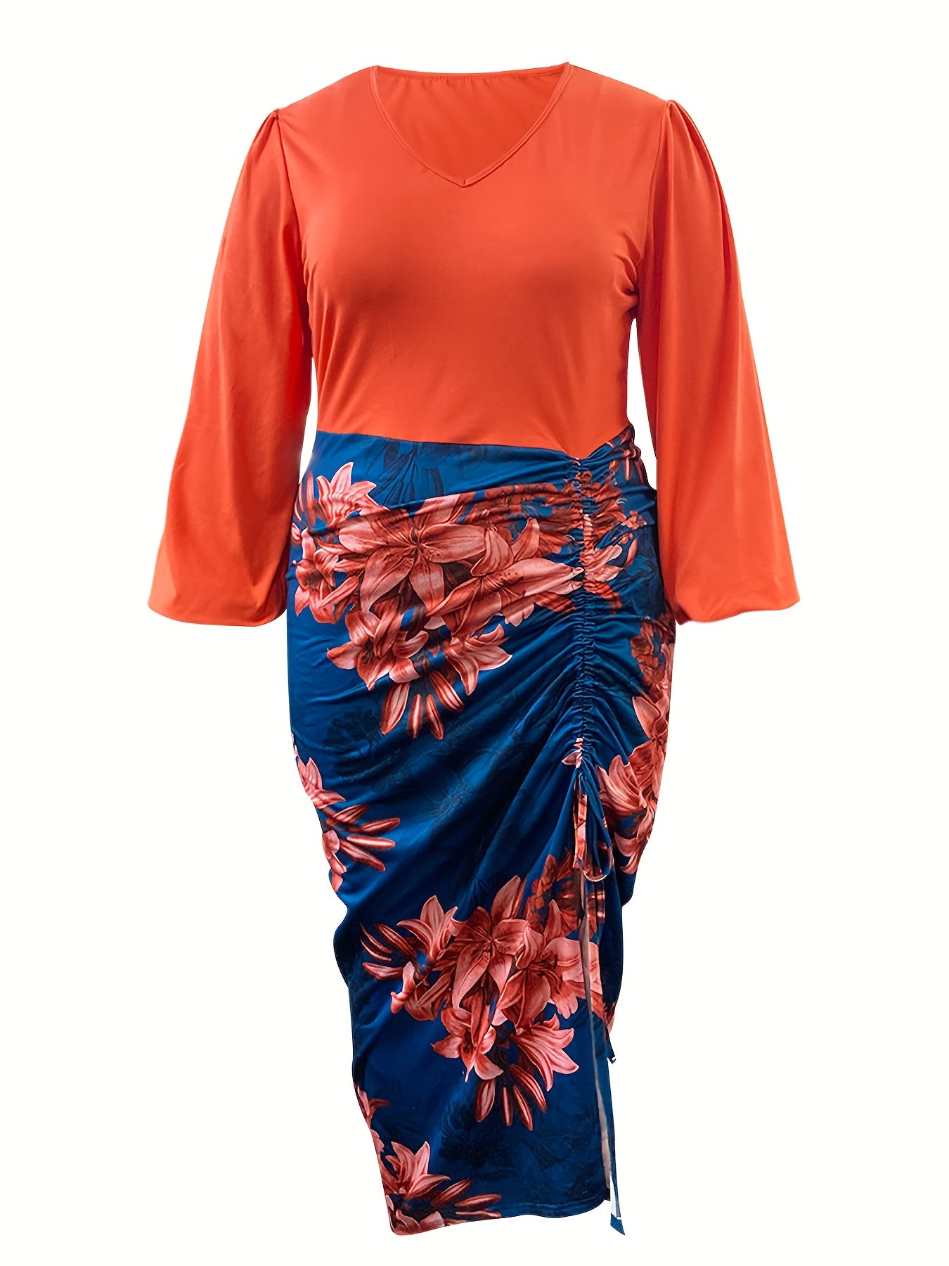  Colorblock Floral Print Long Sleeve V Neck Ruched Dress