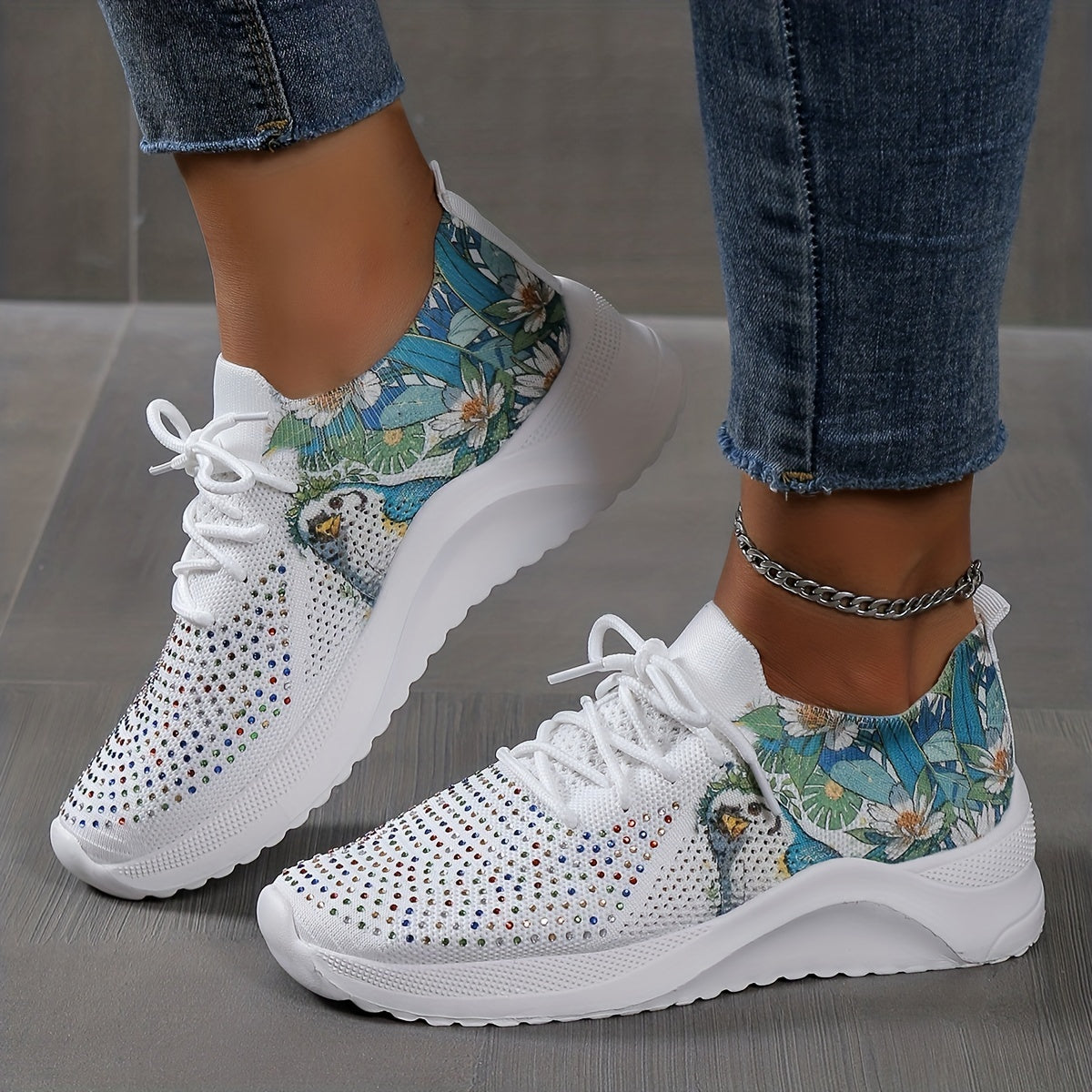 Women's Rhinestone Decor Knit Sports Shoes Lace Up Sneakers