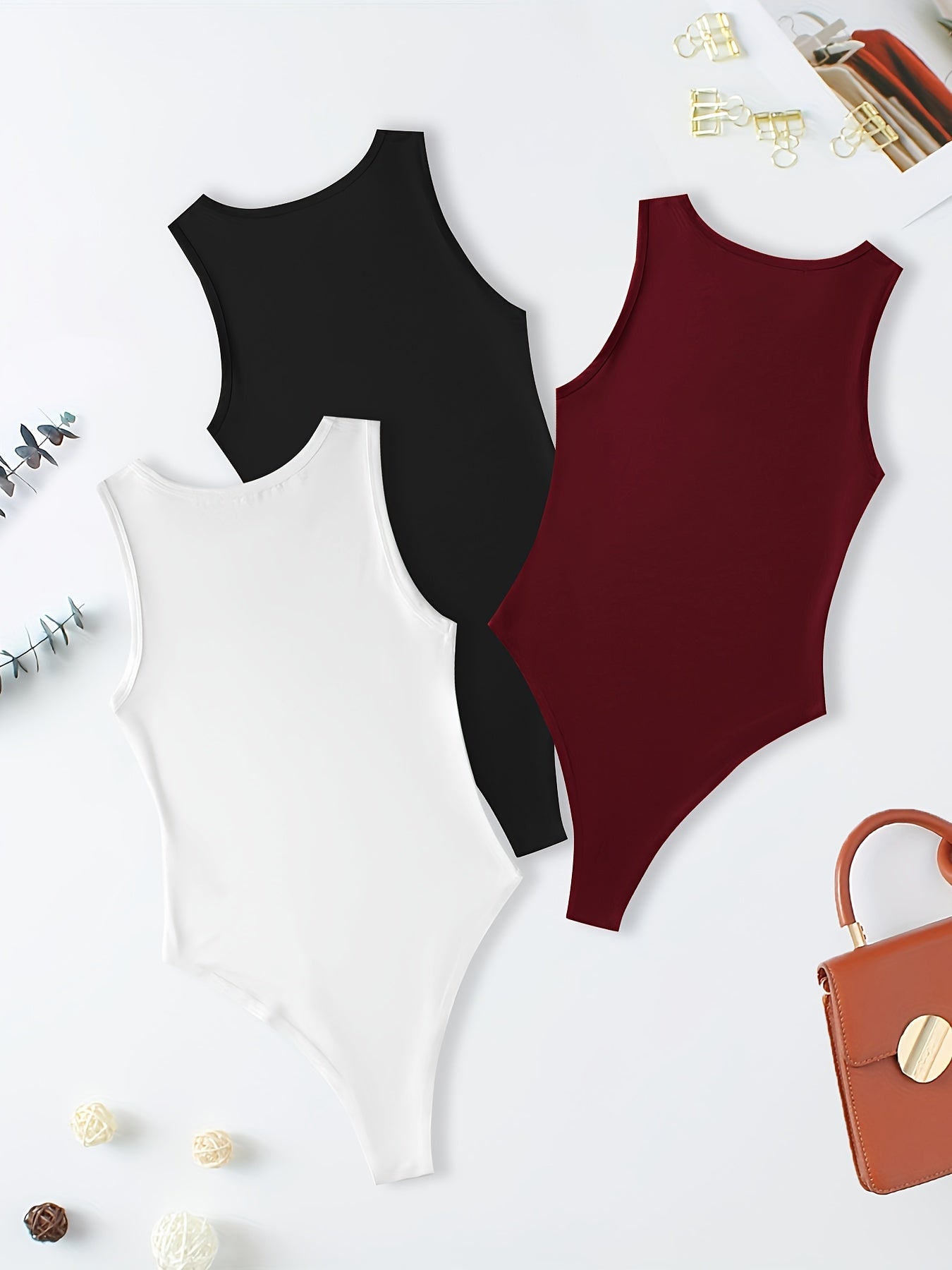 Versatile Sleeveless Bodysuits Crew Neck Slim Summer 3pcs
