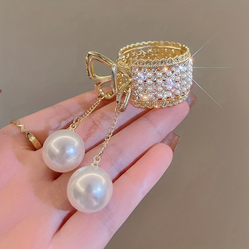 Y2K Rhinestone Faux Pearl Hair Clip Golden Metal Hair Accessory