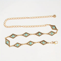 Boho Turquoise Inlay Waist Chain Golden Metal Openwork Belly Chain