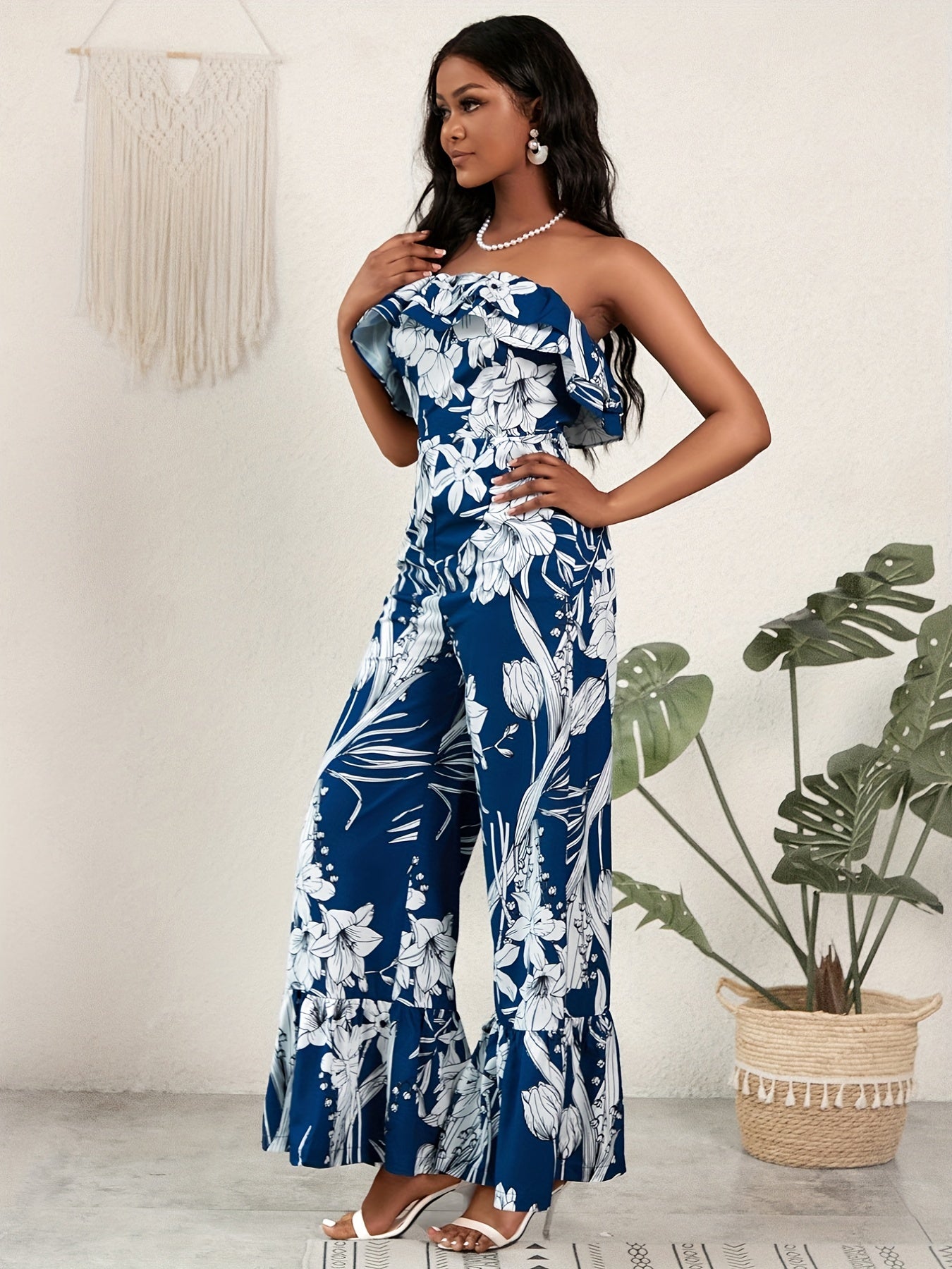 Floral Off Shoulder Jumpsuit High Waist Vacation Wear