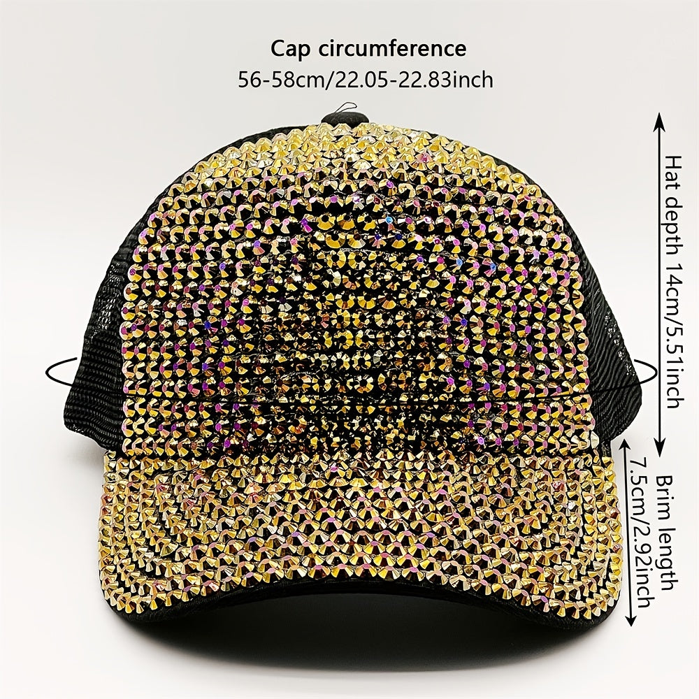 Golden Rhinestone Baseball Cap Mesh Hip Hop Trucker Hat