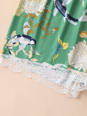 Floral Print Pajama Set V Neck Cami Top & Lace Trim Shorts