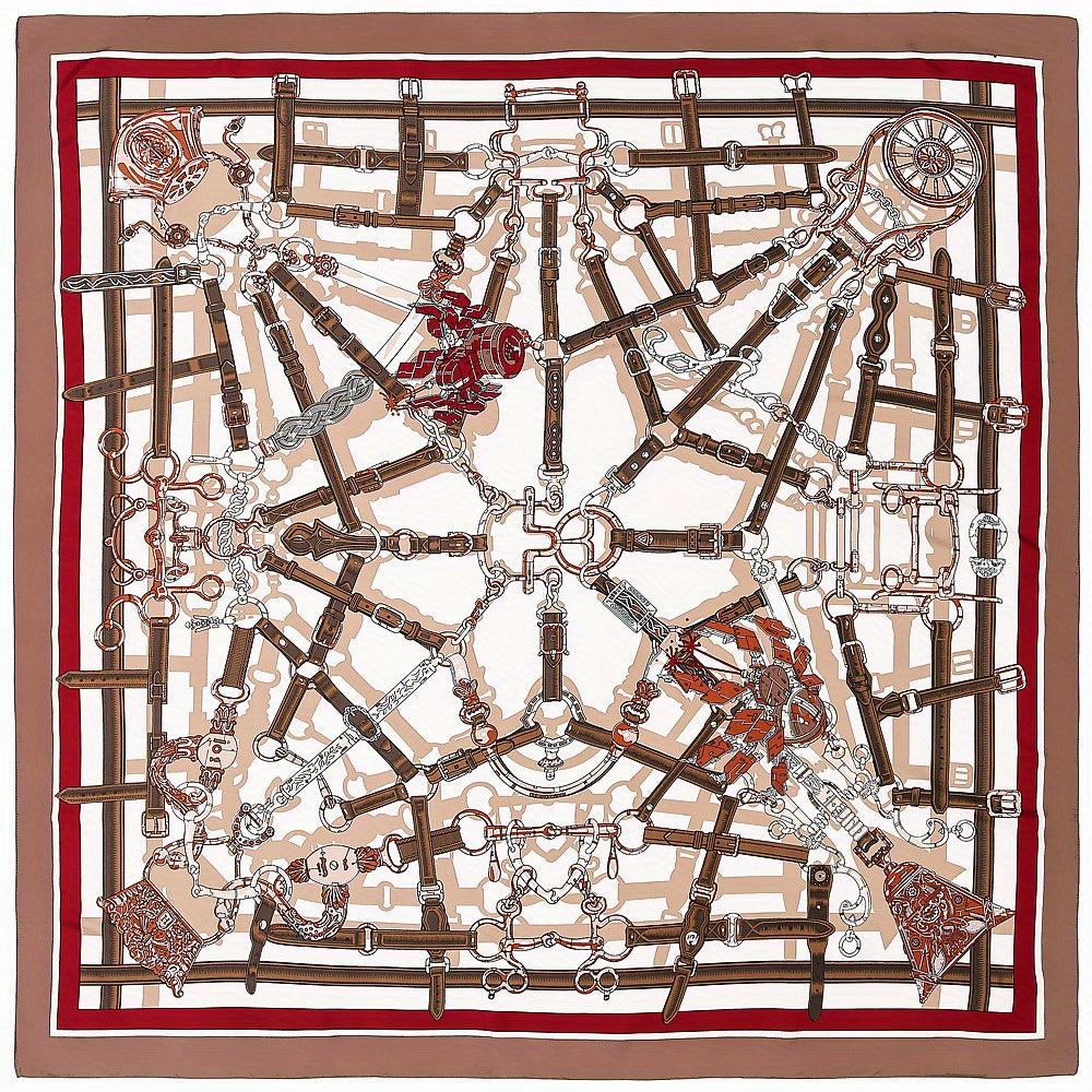 Metal Chain Printed Square Scarf Silk Feeling Satin Warm Shawl