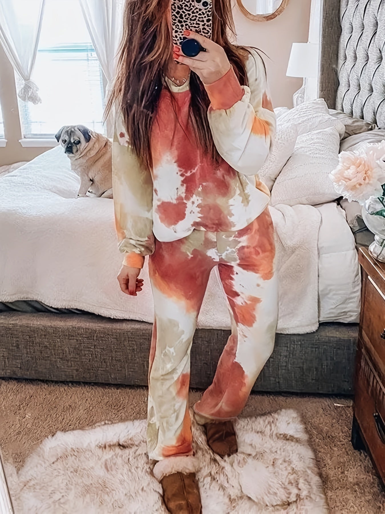 Women's Plus Tie Dye Long Sleeve Top & Pants Set