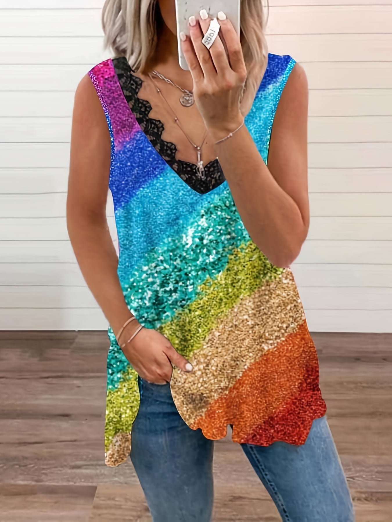 Women's Plus Colorblock Sequin Print Contrast Lace V Neck Tank Top
