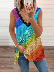 Women's Plus Colorblock Sequin Print Contrast Lace V Neck Tank Top