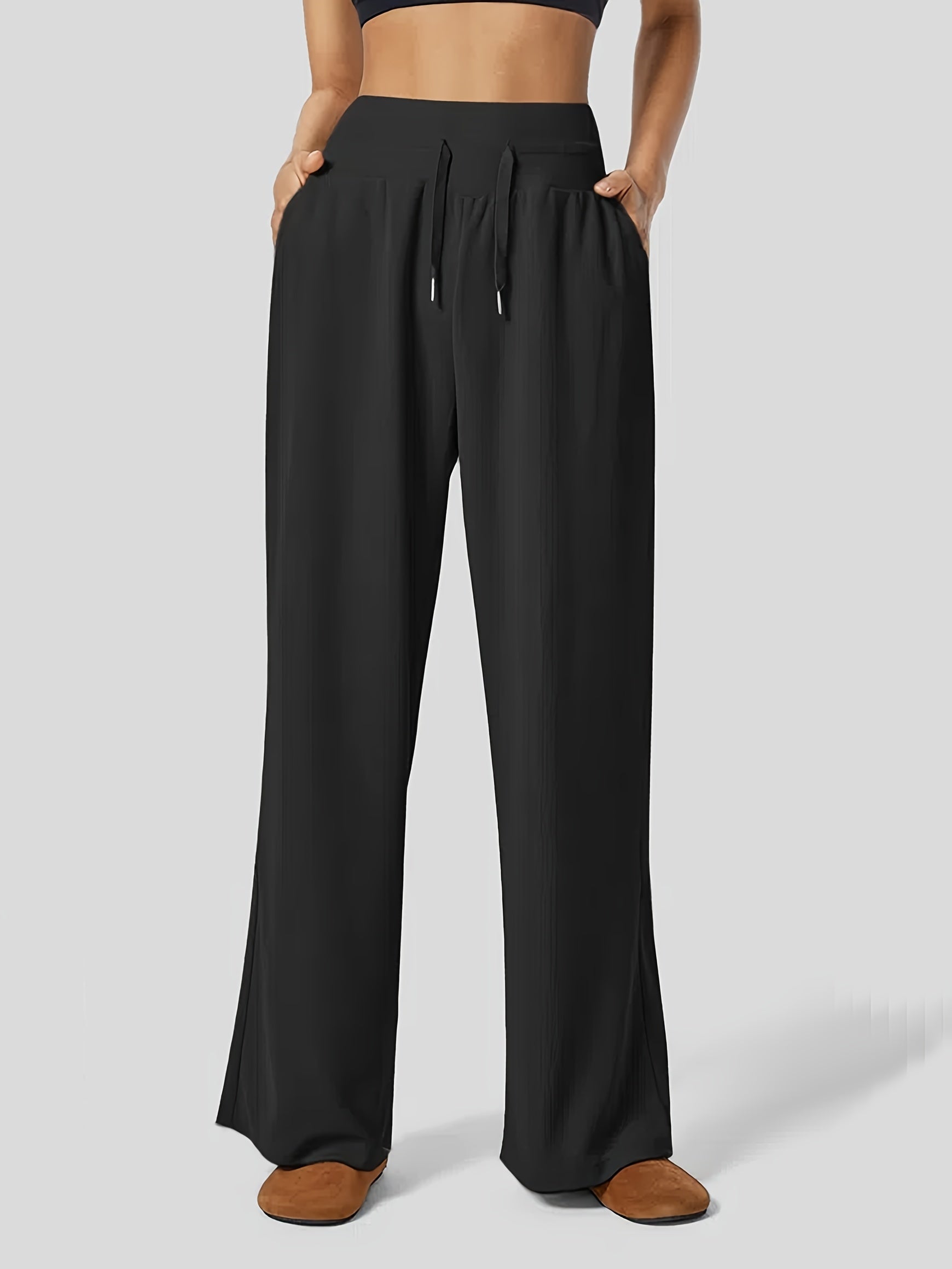 Solid Baggy Wide Leg Casual Pants With Pocket