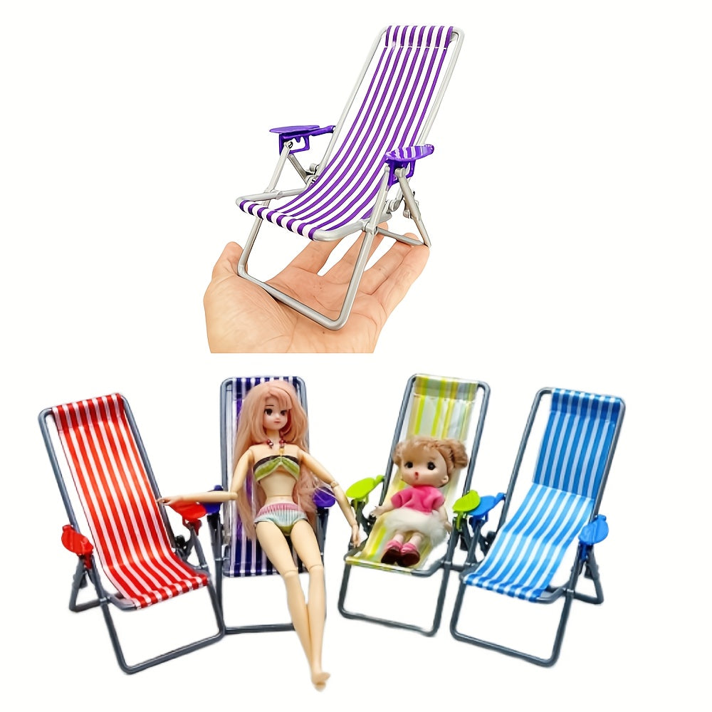 Mini Beach Chair Folding Canvas Striped Dollhouse Accessory
