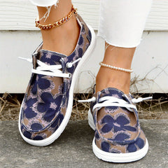 Floral Printed Canvas Lace-Up Sneakers Casual Flat Shoes