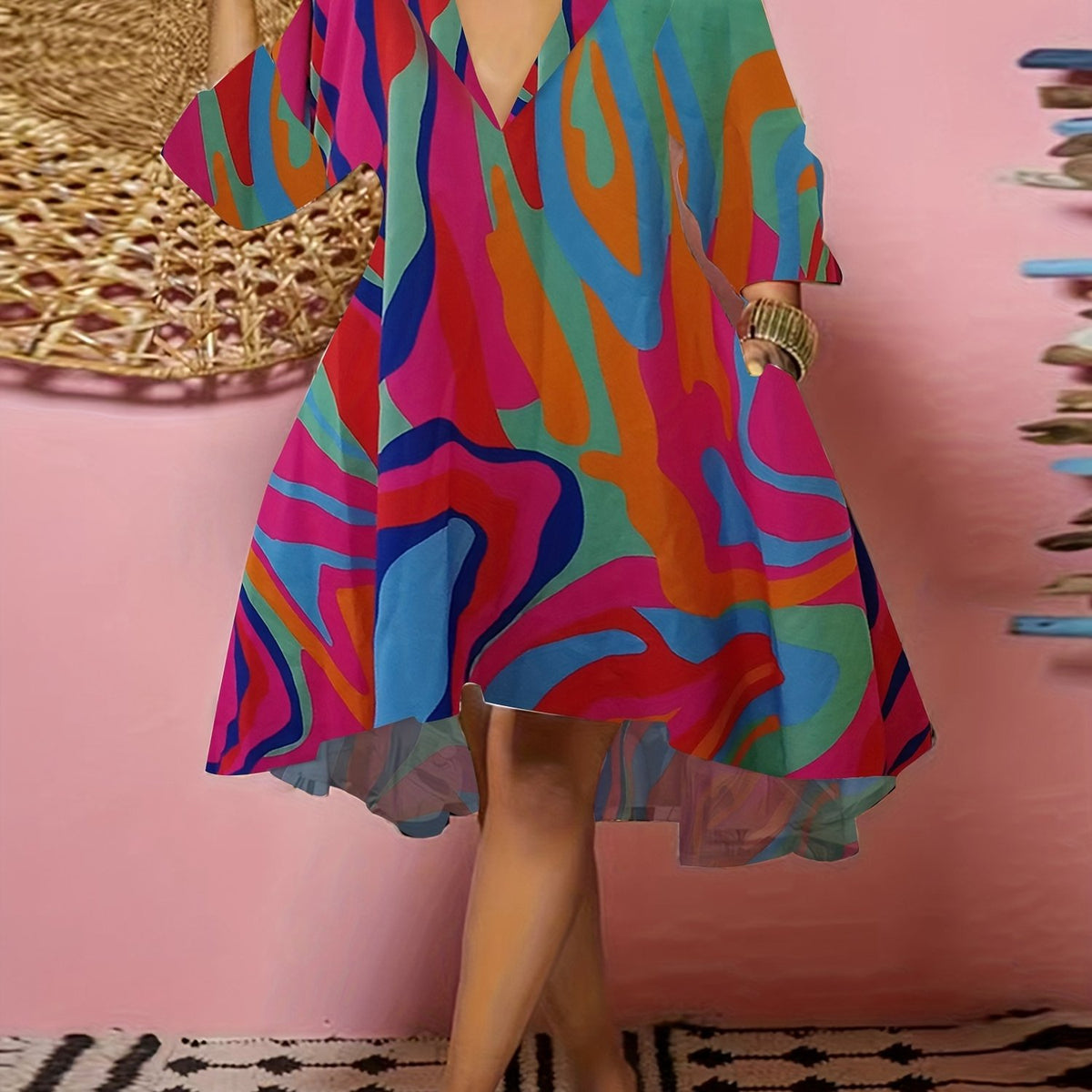  Abstract Print Long Sleeve Dress with Pockets