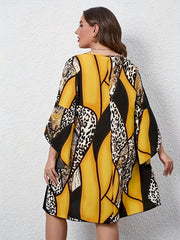  Colorblock Leopard Print Bell Sleeve Round Neck Casual Dress
